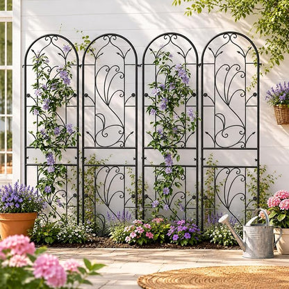 2-Pack 87" x 20" Sunflower Scroll Arch Black Metal Garden Trellises | Set of 2 rust-resistant trellises with Sunflower scrollwork, arched tops, and support for roses, vines, or vegetables