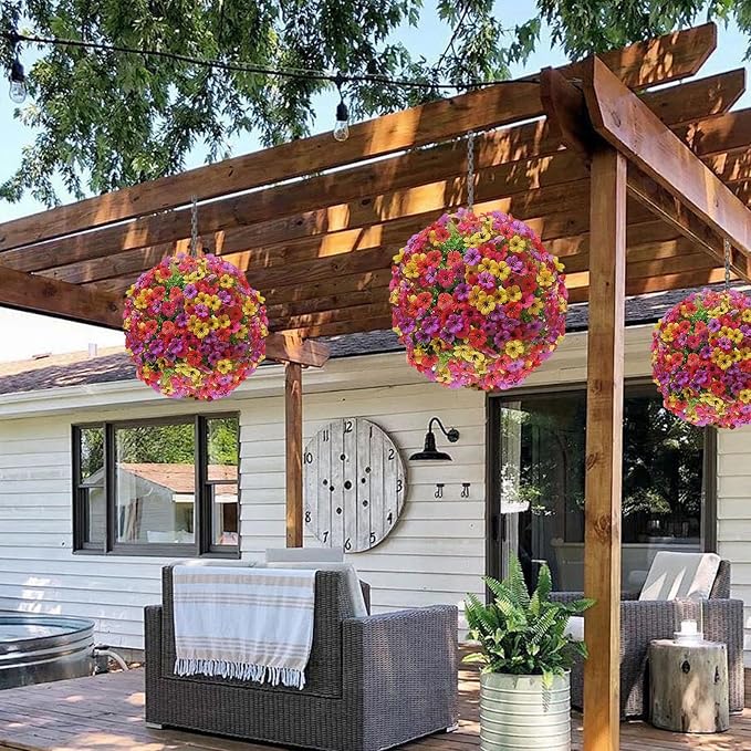 Artificia Flower Ball 17.7 Inch-Faux Flowers Topiary Hanging Ball for Outdoor Decor, UV Resistant Plastic Wedding Decoration, Garden Patio Porch Hanging Basket,Party Centerpiece Decor(1PCS-Spherical)