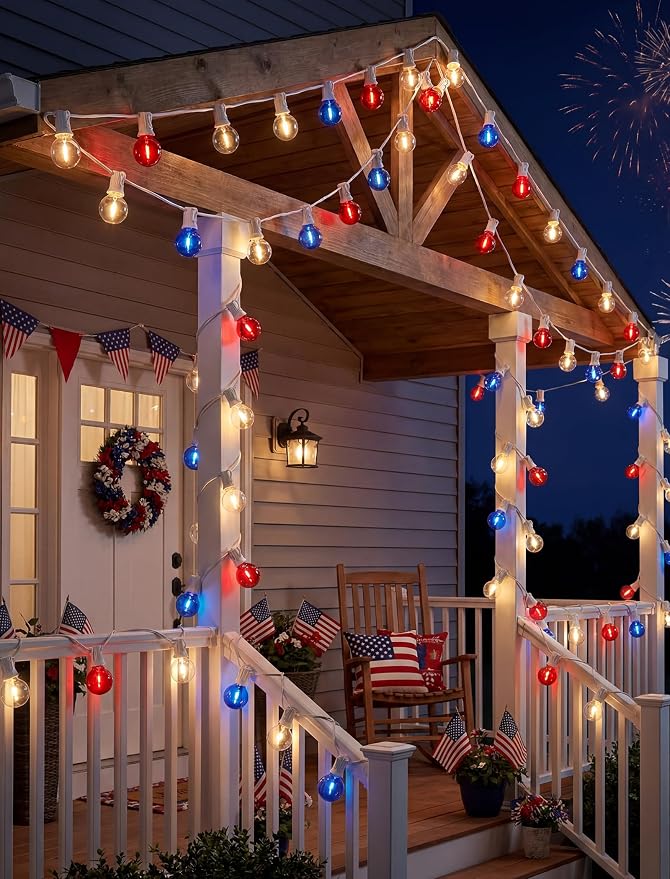 4th of July G40 LED Red White and Blue Lights, 25ft Outdoor String lights | Hanging Patio Lights with 27 Shatterproof Round Bulbs, Plug in, Connectable, Independence Day Decoration Patriotic Party