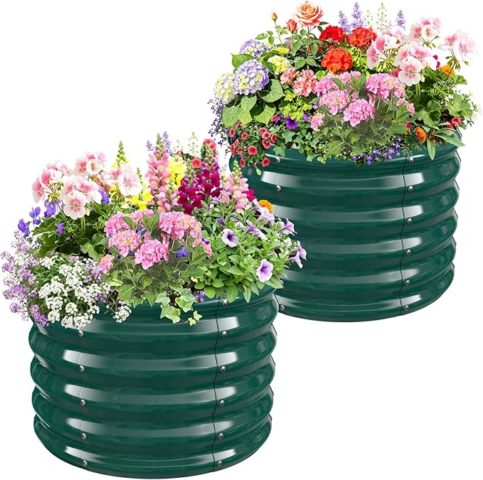 24" Diameter Round Raised Garden Bed - 17 Inch Tall, Heavy-Duty Galvanized Steel Planter Box with Wave-Shaped Panels for Vegetables, Herbs & Flowers (2, Green, 24 Inch Diameter)