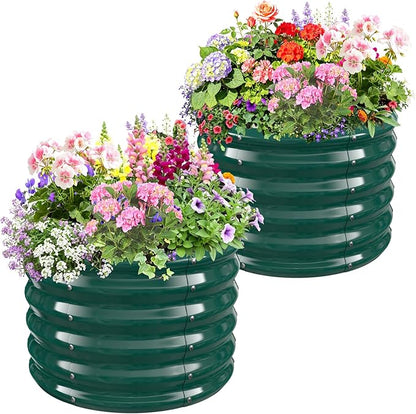 24" Diameter Round Raised Garden Bed - 17 Inch Tall, Heavy-Duty Galvanized Steel Planter Box with Wave-Shaped Panels for Vegetables, Herbs & Flowers (2, Green, 24 Inch Diameter)