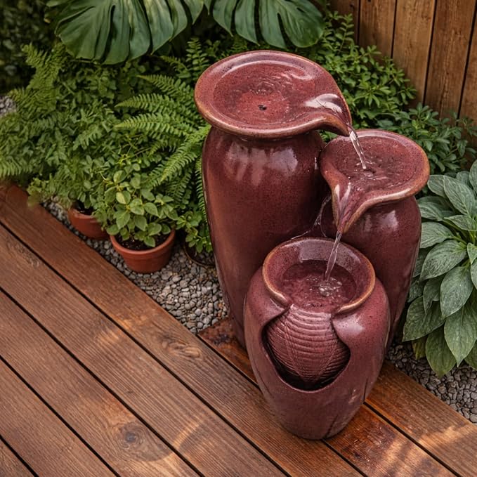 Teamson Home Jar 3 Tiered Floor Waterfall Fountain with Pump for Outdoor Patio Garden Backyard Decking, 20 Inch Height, Brown | With Pump, Outdoor Patio Garden Backyard Decking, 20 Inch Height