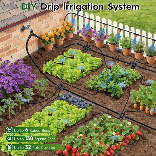 160FT Quick-Connect Drip Irrigation System Kit, Irrigation Kit with Adjustable Nozzles, 30FT 2/5" & 130FT 1/4" Tubing, Automatic Watering System for Garden, Raised Beds, Greenhouse