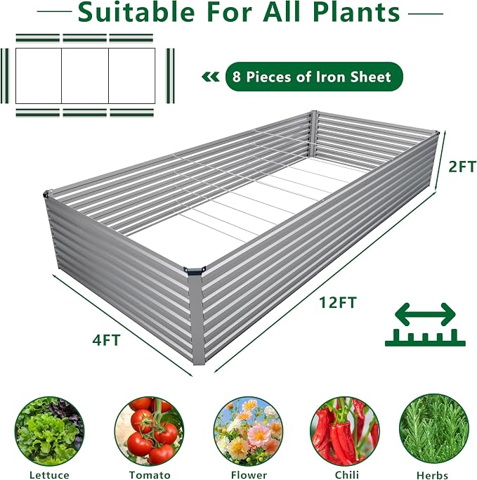 DIIYIV Galvanized Raised Garden Bed Kit Outdoor Patio,12x4x2ft Large Rectangular Metal Planter Boxes,Deep Root Box Planter for Gardening,Vegetables,Flowers,Herbs-Silver