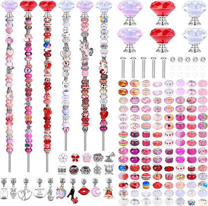 AIPRIDY DIY Crystal Beaded Fairy Wand Garden Stakes Kit, Colorful Decorative Wands with Assembly Guide, 12 or 10 Inch Threaded Rods,Outdoor Garden Decoration Set (174, Pink+Rose+Red+White+Diamond Top)