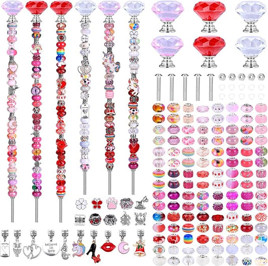 AIPRIDY DIY Crystal Beaded Fairy Wand Garden Stakes Kit, Colorful Decorative Wands with Assembly Guide, 12 or 10 Inch Threaded Rods,Outdoor Garden Decoration Set (174, Pink+Rose+Red+White+Diamond Top)
