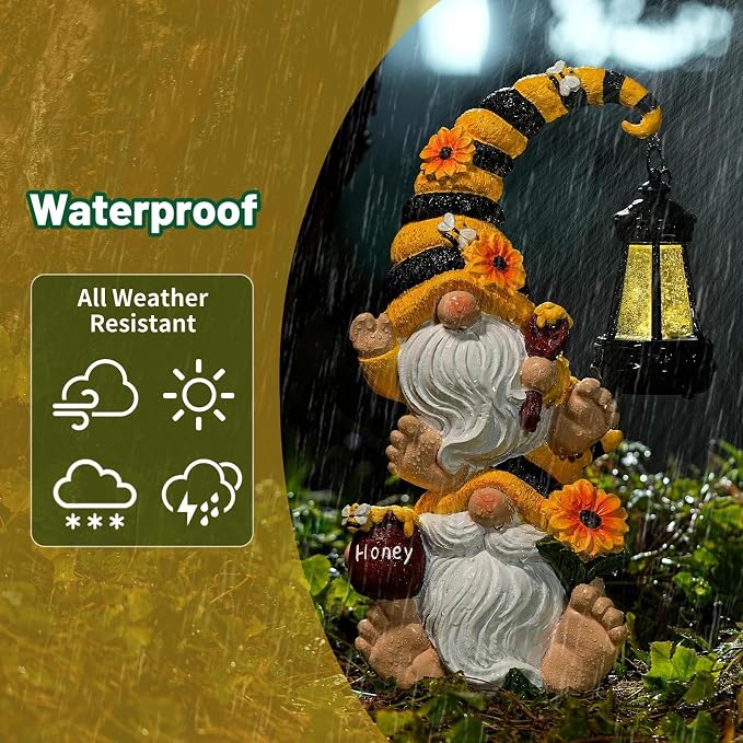 Solar Bee Garden Gnomes with LED Lantern – Waterproof Stacked Outdoor Decor for Yard, Patio – Unique Gnome Gift for Women, Mom, Grandma (Weatherproof Resin, Outdoor Statues)