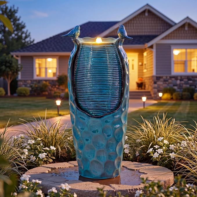 Autodaya 33" Vase Ceramic Outdoor Water Fountain with Lights and Birds | teal blue glazed water feature with textured design, ambient soothing cascading water flow for garden patio yard sanctuary