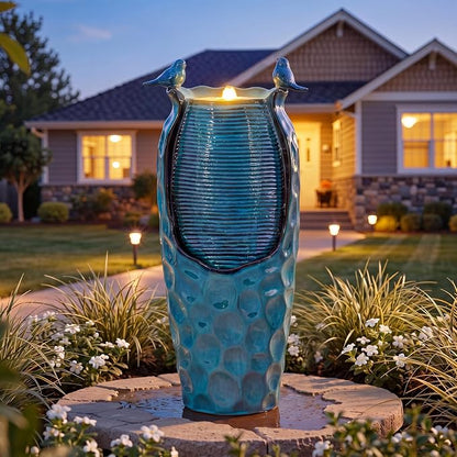 Autodaya 33" Vase Ceramic Outdoor Water Fountain with Lights and Birds | teal blue glazed water feature with textured design, ambient soothing cascading water flow for garden patio yard sanctuary