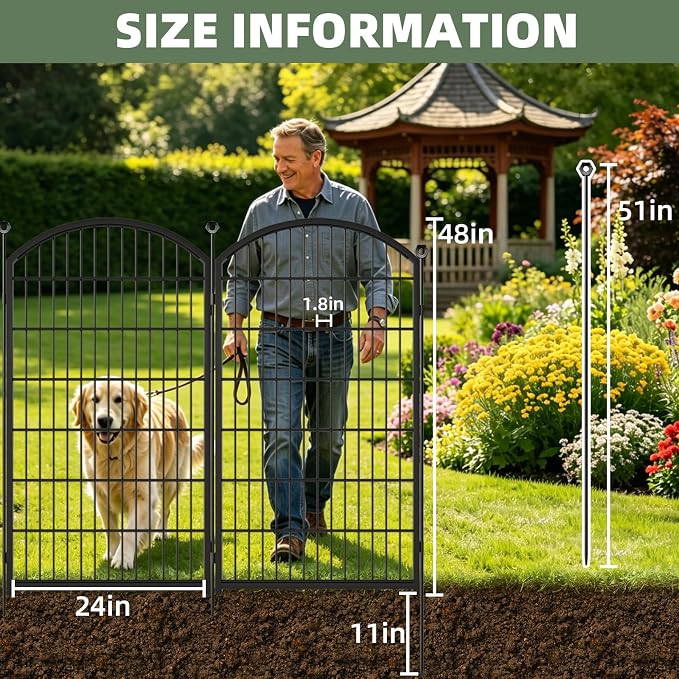 Decorative Garden Fence 48in x17ft, 8 Pack Rustproof Metal No Dig Fence Animal Barrier for Dog, Arched Flower Bed Edging Ornamental Wire Border Panel Fencing (Black, 8 Panels-48in(H))