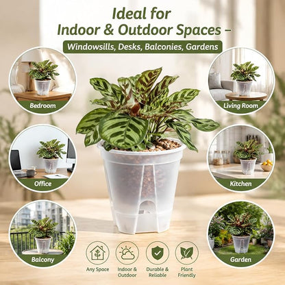 Self Watering Pots Clear – 9 Pcs Indoor & Outdoor Planters with 5", 6", 7" Sizes, Deep Reservoir, High Drainage & Breathable Design, Perfect for Busy, Travel, Beginner Plant Care