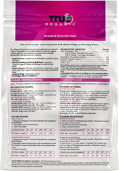 True Organic Annuals & Perennials Food – Organic Fertilizer for Stunning Blooms and Robust Foliage – 4lb Bag Covers 70 Sq. Ft. | (Pack of 6)