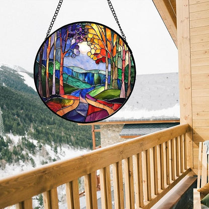 DASTOLL Stained Glass Window Hanging, Colorful Forest Landscape Tree Suncatcher for Doors Window Home Abstract Sun Catchers Decoration Mother's Day Birthday Gifts for Women, Men, and Mom 9.8 in