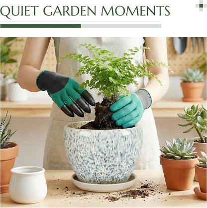 10.2 Inch Ceramic Planter with Saucer Leak-Proof Mesh &Drainage, Round Plant Pot with Gardening Gloves for Indoor Outdoor Plants (Blue Crackle Glaze)