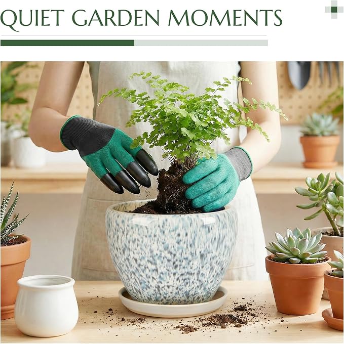 8.3 Inch Ceramic Planter with Saucer Leak-Proof Mesh &Drainage, Round Plant Pot with Gardening Gloves for Indoor Outdoor Plants (Blue Crackle Glaze)