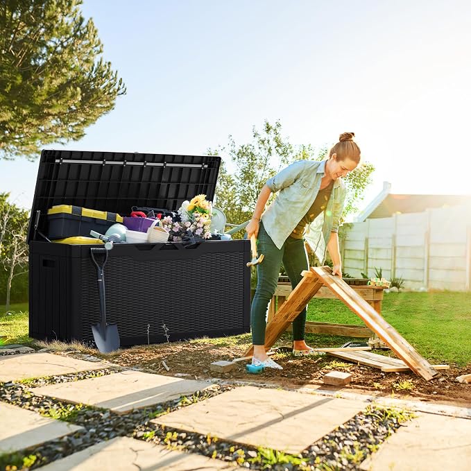 Greesum 100 & 31 Gallon Black Resin Lockable Deck Boxes for Outdoor Storage