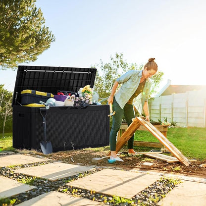 Greesum 100 & 31 Gallon Black Resin Lockable Deck Boxes for Outdoor Storage