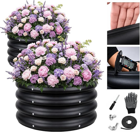 ZXZYHFTY Raised Garden Bed, 0.6 mm Galvanized Steel Round Planter Box with Open Bottom, Metal Raised Garden Bed for Vegetables Flowers Herbs Mailbox Planter Accent, 2 x 2 x 1 FT, 2 Pack Black