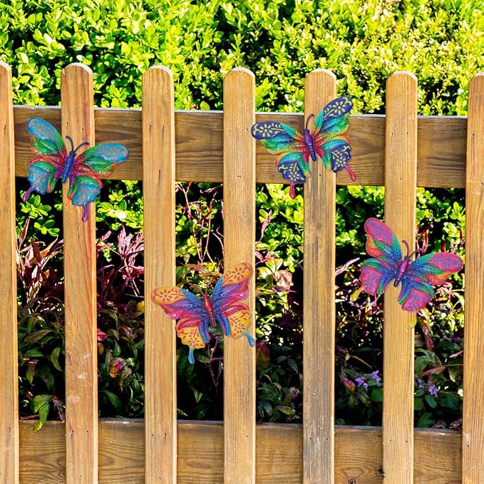 dreamskip 4 Pcs Butterfly Wall Decor Art, Metal Butterflies Outdoor Wall Art with Colorful Leaves, Hand Painted Outdoor Decor For Garden, Yard, Fence, Patio Decoration