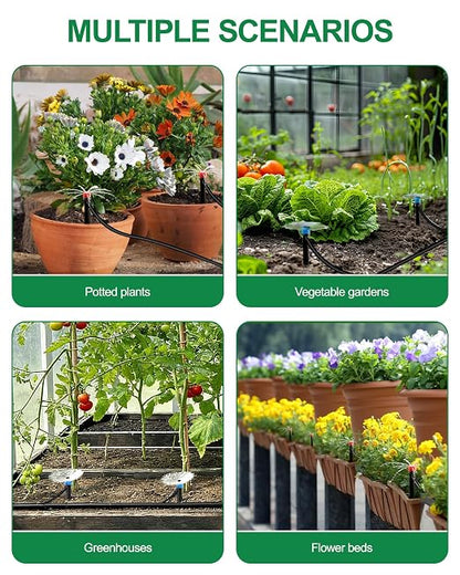 Drip Irrigation System for Garden, Automatic Garden Watering System with 115FT 1/2” & 1/3” Tubing, Dual Faucet, Adjustable Nozzle Emitters for Garden, Greenhouse, Lawn, Potted Plants
