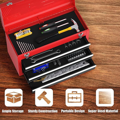 Goplus Tool Box with 3 Drawers, 4-Tier 20.5" Portable Tool Chest Organizer with Top Tool Tray, Auto Lock, Protective Liner, Handle, Steel Metal Small Toolbox for Gargae, Workshop, Home