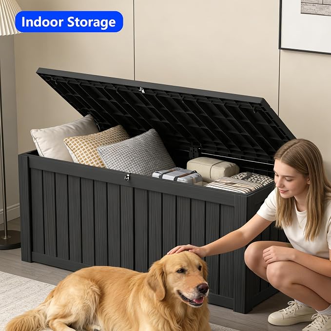 150 Gallon Outdoor Storage Box Resin Deck Box All Weather Waterproof Large Lockable Storage Container Deck Box for Patio Furniture, Garden Tools, Lockable, Black New