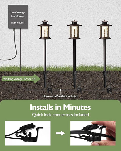 LITFIT Low Voltage Landscape Lighting, 12V 3.4W 155LM 3000K Outdoor Path Lights with Connectors, Crackled Shade, ORB Finish, Waterproof Aluminum LED Walkway Light Wired for Garden Yard, 12 Pack
