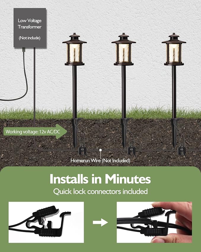 LITFIT Low Voltage Landscape Lighting, 12V 3.4W 155LM 3000K Outdoor Path Lights with Connectors, Crackled Shade, ORB Finish, Waterproof Aluminum LED Walkway Light Wired for Garden Yard, 4 Pack