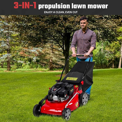 Self Propelled Lawn Mower Gas Powered with 50L Grass Bag Big Wheels 131cc Gas Engine 3 in 1 Mulch Bag Side Discharge Rear Wheel Drive for Hills Uneven 131CC