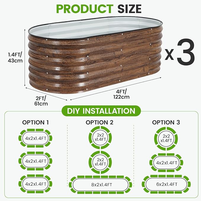 Galvanized Raised Garden Bed Outdoor |17'' Tall Planter Box Outdoor for Deep Root Plants | 3Pcs Raised Bed Kit for Gardening with Rubber Strip for Vegetables Flowers Fruits (Grain, 4x2x1.4FT)