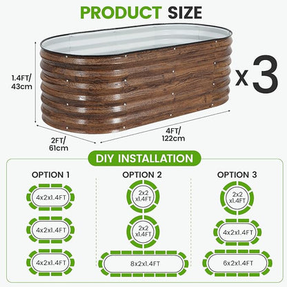 Galvanized Raised Garden Bed Outdoor |17'' Tall Planter Box Outdoor for Deep Root Plants | 3Pcs Raised Bed Kit for Gardening with Rubber Strip for Vegetables Flowers Fruits (Grain, 4x2x1.4FT)