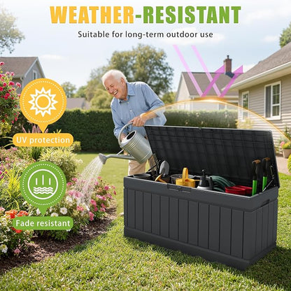 Greesum Outdoor Storage Box 82 Gallon Storage Bin with Lid for Patio Furniture, Garden Tools, Pool Supplies, Waterproof and UV Resistant, Lockable, Gray
