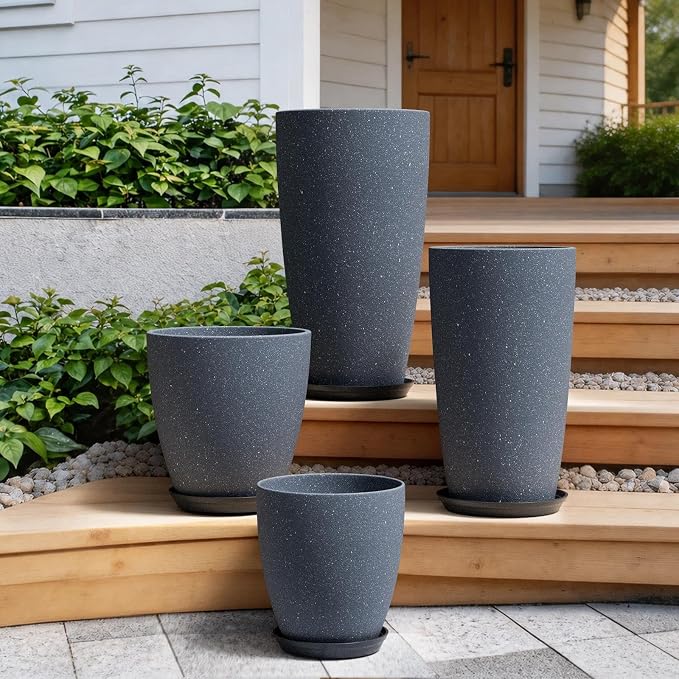 ZMTECH 4 Pack Plastic Planters 21/18/12/10in, Indoor Outdoor Round Planter for Porch, Large Plant Pot with Drainage Hole for Home Garden Front Door, Modern Decorative Pots for Plants (Dark Gray)