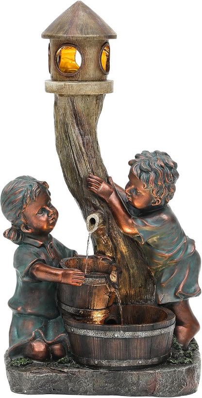 AUTODAYA 31" Boy and Girl Outdoor Fountain LED 3-Tier Cascading Waterfall | hand-painted bronze, nostalgic barrel and children design, patio yard Porch Garden