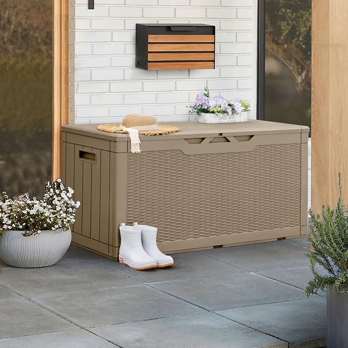 Greesum 100 Gallon Resin Patio Storage Box for Garden Tools, Outdoor Furniture Cushions, Pool Supplies, Coffee