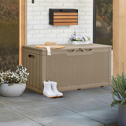 Greesum 100 Gallon Resin Patio Storage Box for Garden Tools, Outdoor Furniture Cushions, Pool Supplies, Coffee