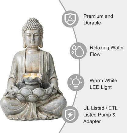 Glitzhome Buddha Outdoor Water Fountain with Lights and Pump, 28.25" H Zen Style Outdoor Fountain Concrete Meditating Buddha Statue Polyresin Garden Fountain Waterfall for Patio, Porch, or Yard Decor