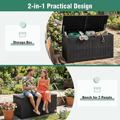 Tangkula 100 Gallon Outdoor Storage Box, Waterproof PP Resin Patio Storage Box with Lockable Lid for Indoor & Outdoor Use, 2-in-1 Rattan Design Deck Box for Cushions, Garden Tools