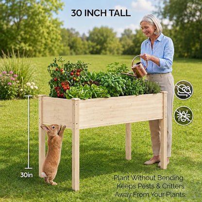 VINGLI 48.5"x22.5"x30" Elevated Raised Garden Bed with Bed Liner, Heavy Duty Wood Planter with Legs for Vegetables Fruits Potato Flower, Outdoor Sturdy Long Lasting Planter Box (Nature - no Wheel)