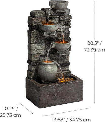 Teamson Home 28.5" Outdoor 4-Tier Stacked Stone Cascading Water Fountain with LED Lights, Gray | LED Lights, Faux Stacked Stone Look, Weather-Resistant Polyresin, Waterfall Decor for Garden, Patio, Backyard