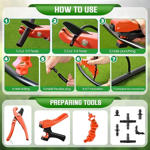 Feekoon Drip Irrigation Hole Punch Tool, 2 in 1 Drip Tubing Punch and Fitting Insertion Tool for 1/4 Inch Emitters, 16 20 25mm PE Pipe, Garden Repair(Orange,115 Irrigation Plugs)