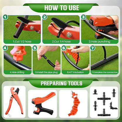 Feekoon Drip Irrigation Hole Punch Tool, 2 in 1 Drip Tubing Punch and Fitting Insertion Tool for 1/4 Inch Emitters, 16 20 25mm PE Pipe, Garden Repair(Orange,115 Irrigation Plugs)