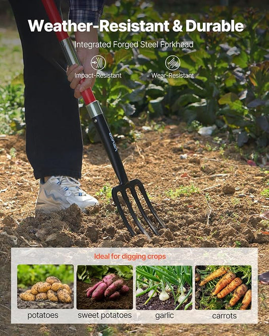 VEVOR Garden Fork, 4-Tine Gardening Pitchfork with Fiberglass Handle, 45 in Heavy Duty Digging Fork with Y Grip, Forged Steel Spading Fork for Hay Potato Composting Transplanting Aeration