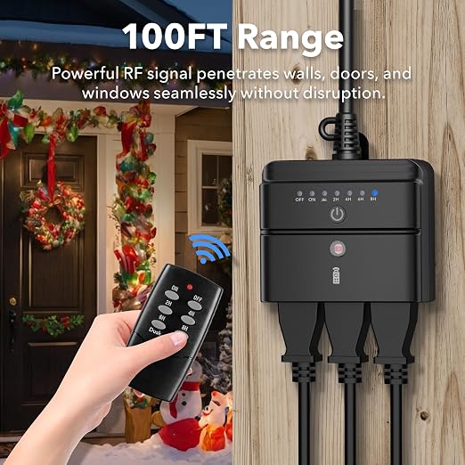 BN-LINK Outdoor Timer for Lights, Remote Control Outdoor Timer Outlet with Dusk to Dawn Sensor, 2/4/6/8 Hour Countdown, 100 ft RF Range, 6-Inch Grounded Cord, 15A 1/2HP, ETL Listed