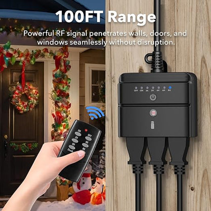 BN-LINK Outdoor Timer for Lights, Remote Control Outdoor Timer Outlet with Dusk to Dawn Sensor, 2/4/6/8 Hour Countdown, 100 ft RF Range, 6-Inch Grounded Cord, 15A 1/2HP, ETL Listed