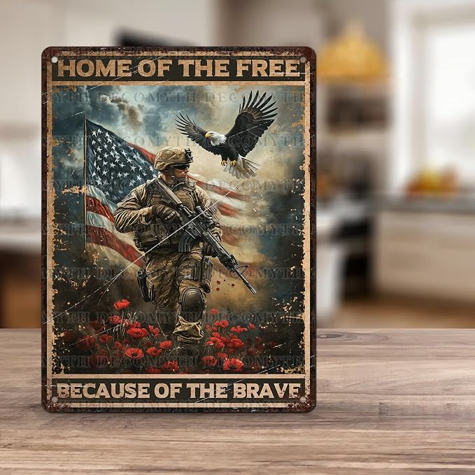 Vintage Army Tin Sign Home of the Free Because of the Brave Retro Wall Decor Nostalgic Art Funny Rustic Metal Poster Garage Store Cafe Happy Veterans Day Pubs Yard Toilet Bedroom 12 * 16inch