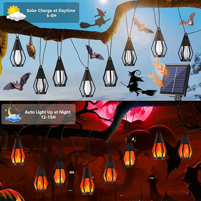 Solar String Lights for Outside, 33Ft Solar Patio Lights with 15 Flickering Flame Light Bulbs, Waterproof Red Solar Powered Outdoor Light for Garden Yard Patio Gazebo Bistro Cafe Porch Party Decor
