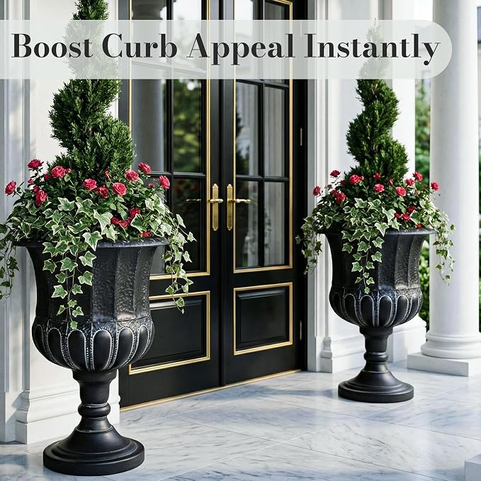 Worth Garden 25" H. Metal Urn Planters 1-Pack - Black Classic Antique Iron Plant Pots - Large Decorative Rustic Flower Pots for Outdoor Use - Traditional Urn Planter for Patio, Front Porch