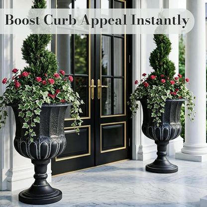 Worth Garden 25" H. Metal Urn Planters 1-Pack - Black Classic Antique Iron Plant Pots - Large Decorative Rustic Flower Pots for Outdoor Use - Traditional Urn Planter for Patio, Front Porch