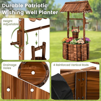 54" Outdoor Garden Wishing Well Planter with LED Lights | Rustic fir wood decor with 11 light modes, timer, adjustable bucket, drainage base, and liner for Yard, Patio, Backyard